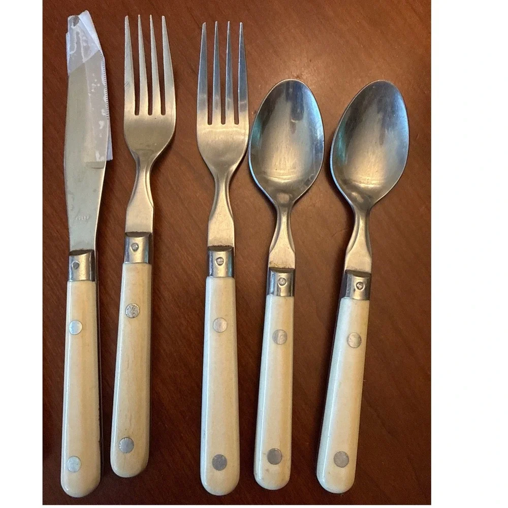 Mardi‎ Gras Korea Stainless silverware 2 sets w 4 pieces ea ivory midcentury vtg